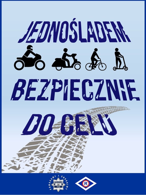 Plakat kampanii z człowiekiem na rowerze, hulajnodze, motocyklu