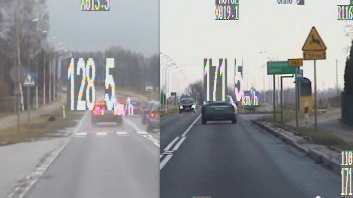 Zdjęcie podzielone na dwa elęmenty. Po lewej pojazd porusza się z prędkościa 128,5 kilometra na godzinę, po prawejd zdjęcia pojazdy z prędkością 171.5 kilometra na godzinę. 
