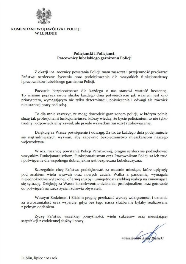 życzenia Komendanta Wojewódzkiego Policji w Lublinie nadinspektora Artura Bieleckiego  