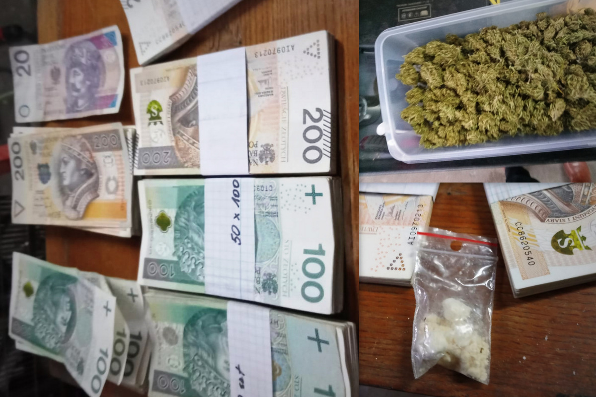 Zdjęcie przedstawia pieniądze oraz narkotyki jakie zabezpieczyli funkcjonariusze.