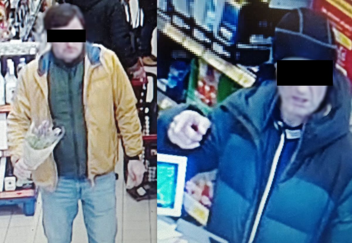 Zdjęcie z monitoringu sklepowego na którym widać włamywaczy w sklepiej. Mężczyzna po lewej trzyma w ręku kwiaty.