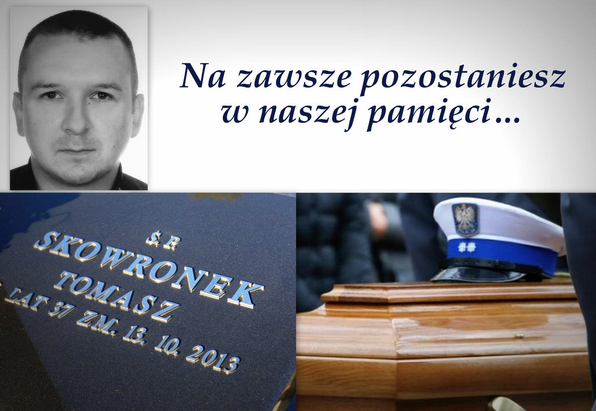 Zdjęcie przedstawia kolaż zdjęć zmarłego aspiranta Tomasza Skowronka.