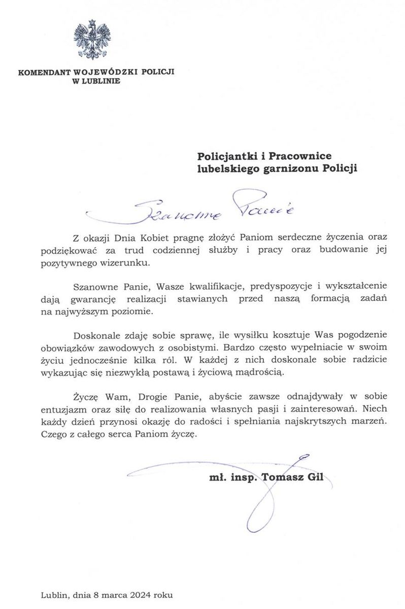 Życzenia Komendanta Wojewódzkiego Policji w Lublinie z okazji Dnia Kobiet.