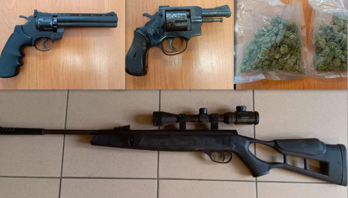 kolaż zdjęć, zabezpieczona broń i narkotyki