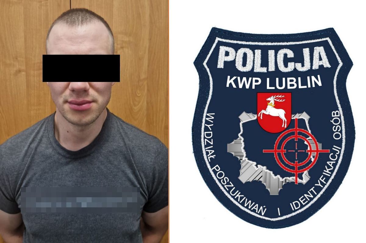 Zdjęcie zatrzymanego mężczyzny oraz logo Wydziału Poszukiwań oraz Identyfikacji Osób.