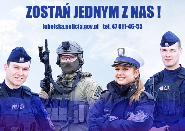 Plakat na którym widać policjantów i napis Zostań Jednym z Nas