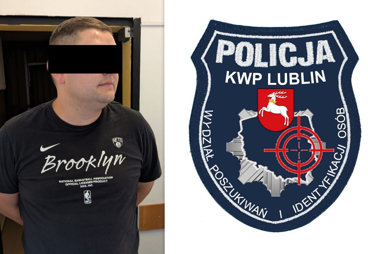 zatrzymany poszukiwany mężczyzna i naszywka na mundur Wydziału poszukiwań i Identyfikacji Osób KWP w Lublinie