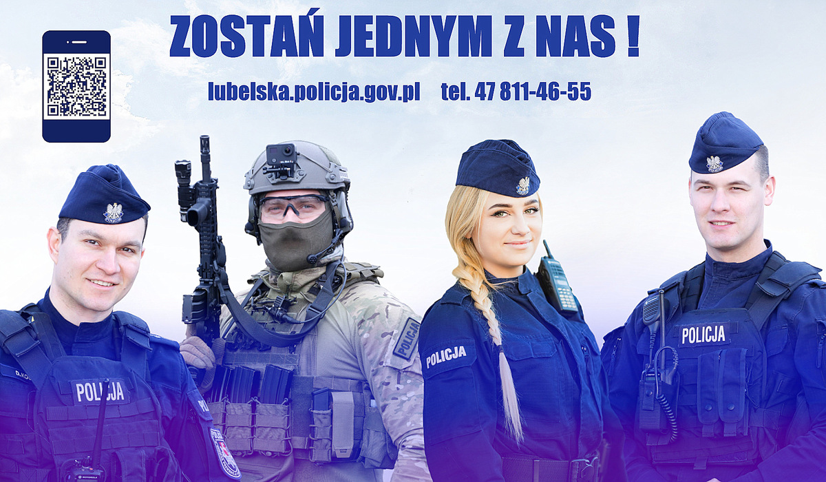 Baner na którym widać policjantów w różnych mundurach oraz napis zostań jednym z nas.
