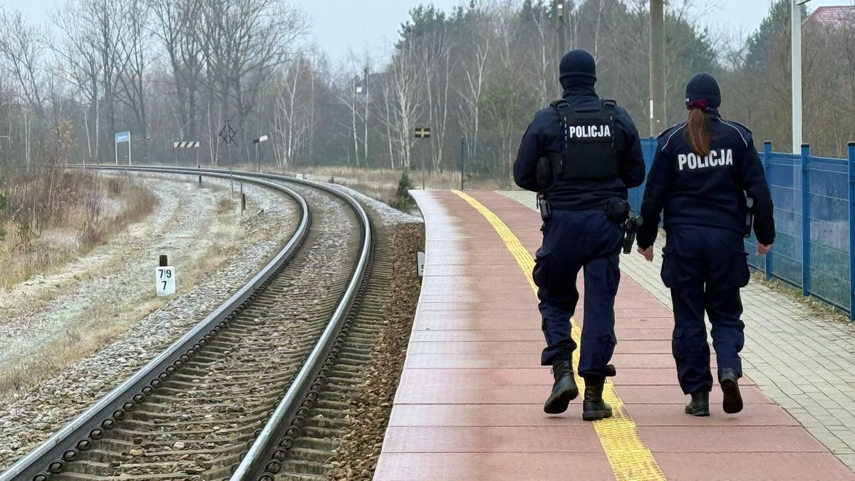 Funkcjonariusze policji  patrolują i sprawdzają teren linii kolejowej