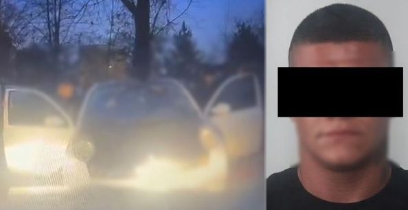 kolaż zdjęć z zatrzymania poszukiwanego 26 latka. Obok zatrzymany z czarnym paskiem na oczach.