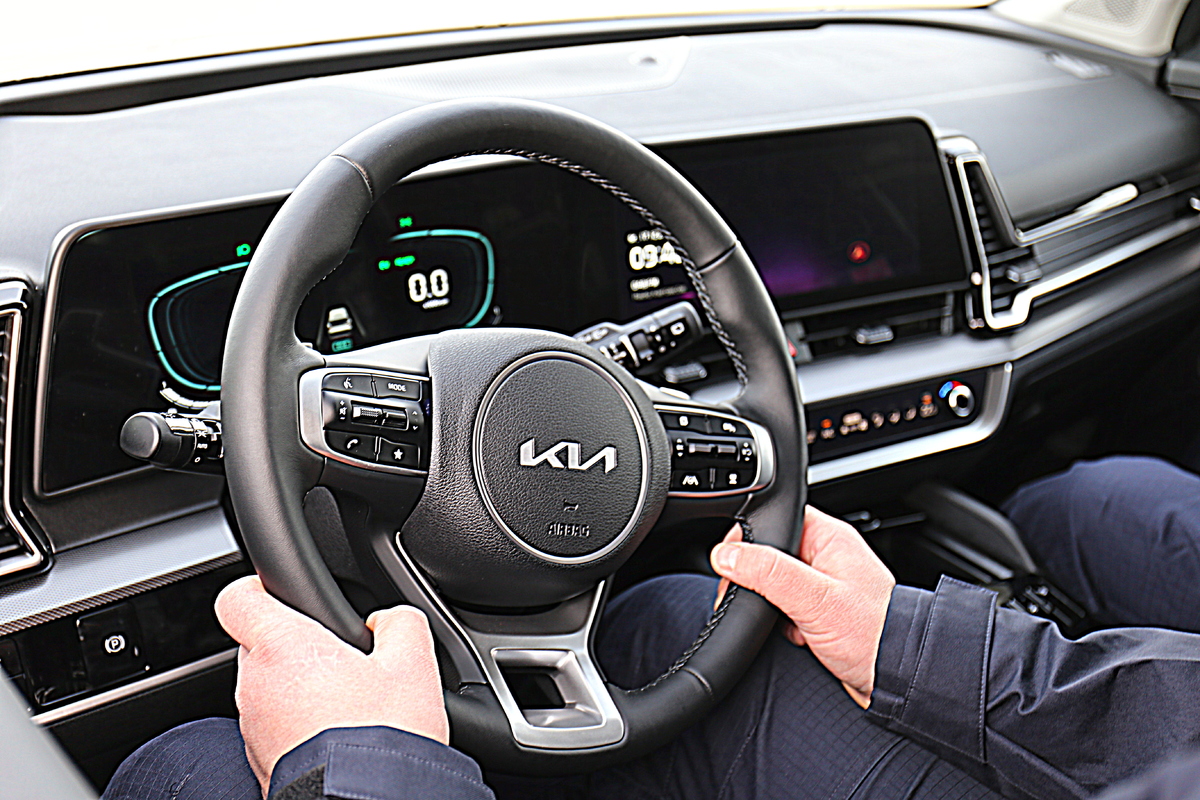 wnętrze pojazdu i dłonie na kierownicy