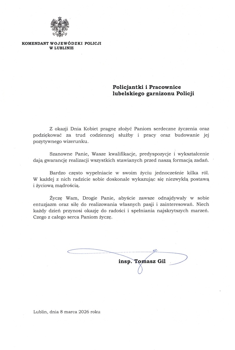 Życzenia Komendanta Wojewódzkiego Policji w Lublinie z okazji Dnia Kobiet