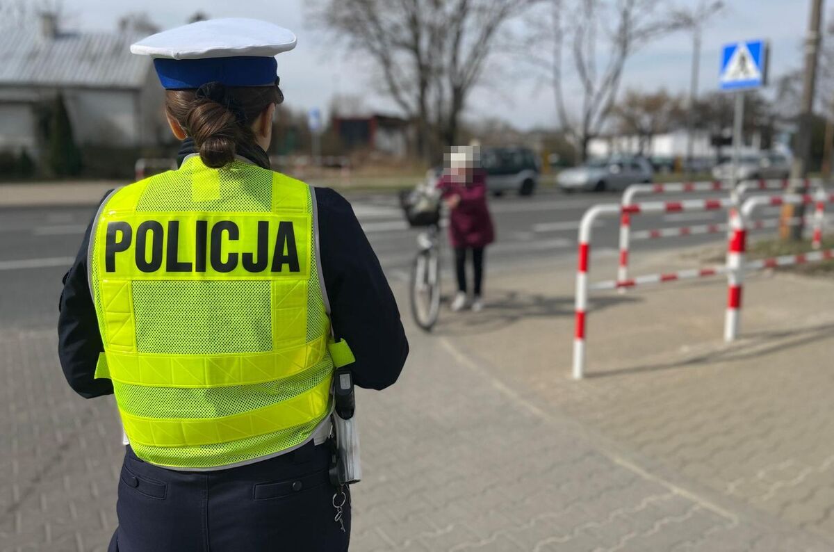 policjantka podczas kontroli drogowej z pieszym, w tle widać przejście dla pieszych