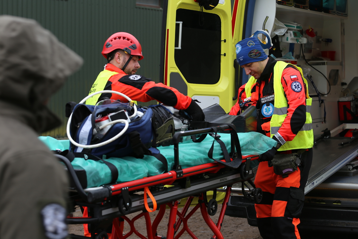 Ratownicy medyczni udzielają pomocy poszkodowanym.
