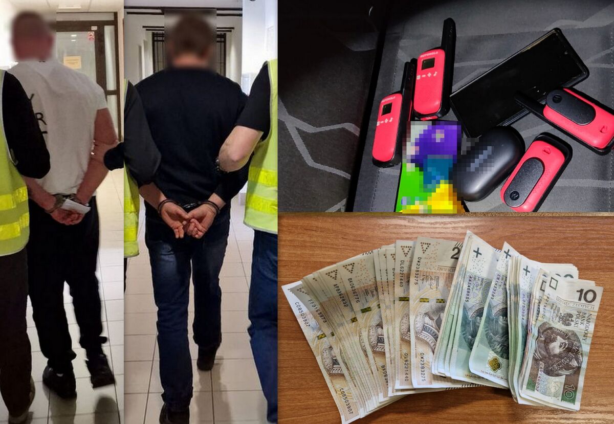 Zabezpieczone pieniądze, krótkofalówki oraz zatrzymani mężczyźni.