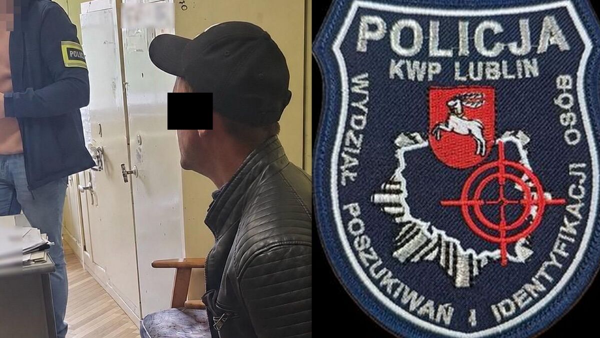 kolaż zdjeć z zatzrymanym męzczyzną i naszywką policyjną