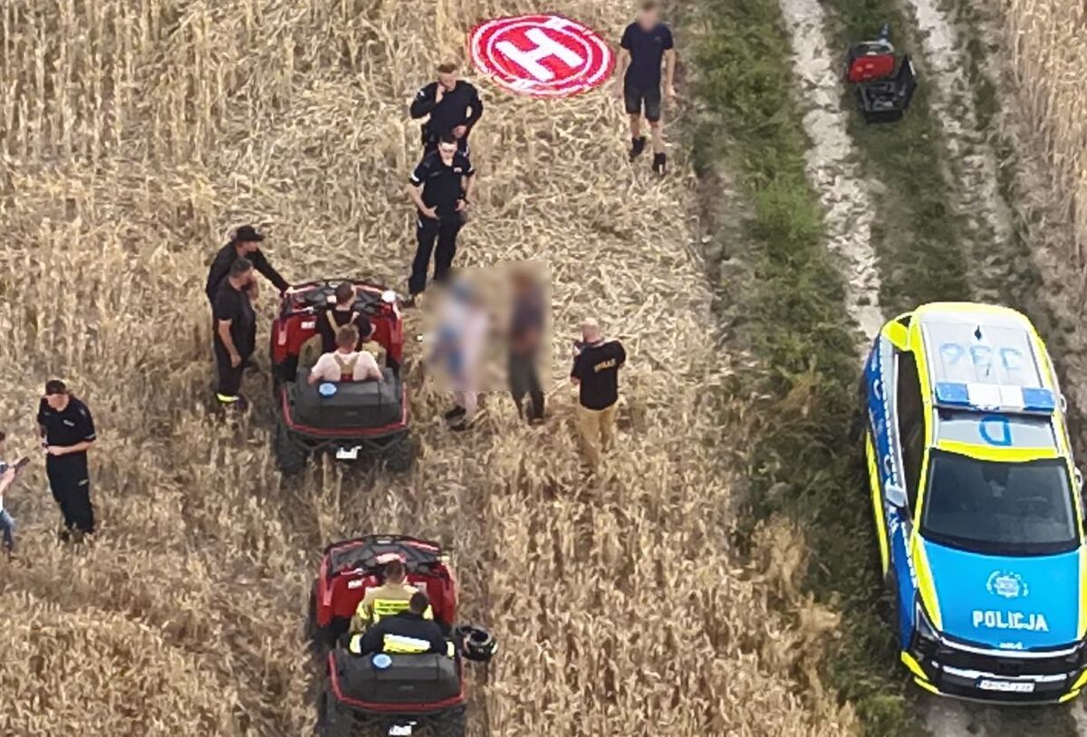 służby podczas akcji poszukiwawczej na polach