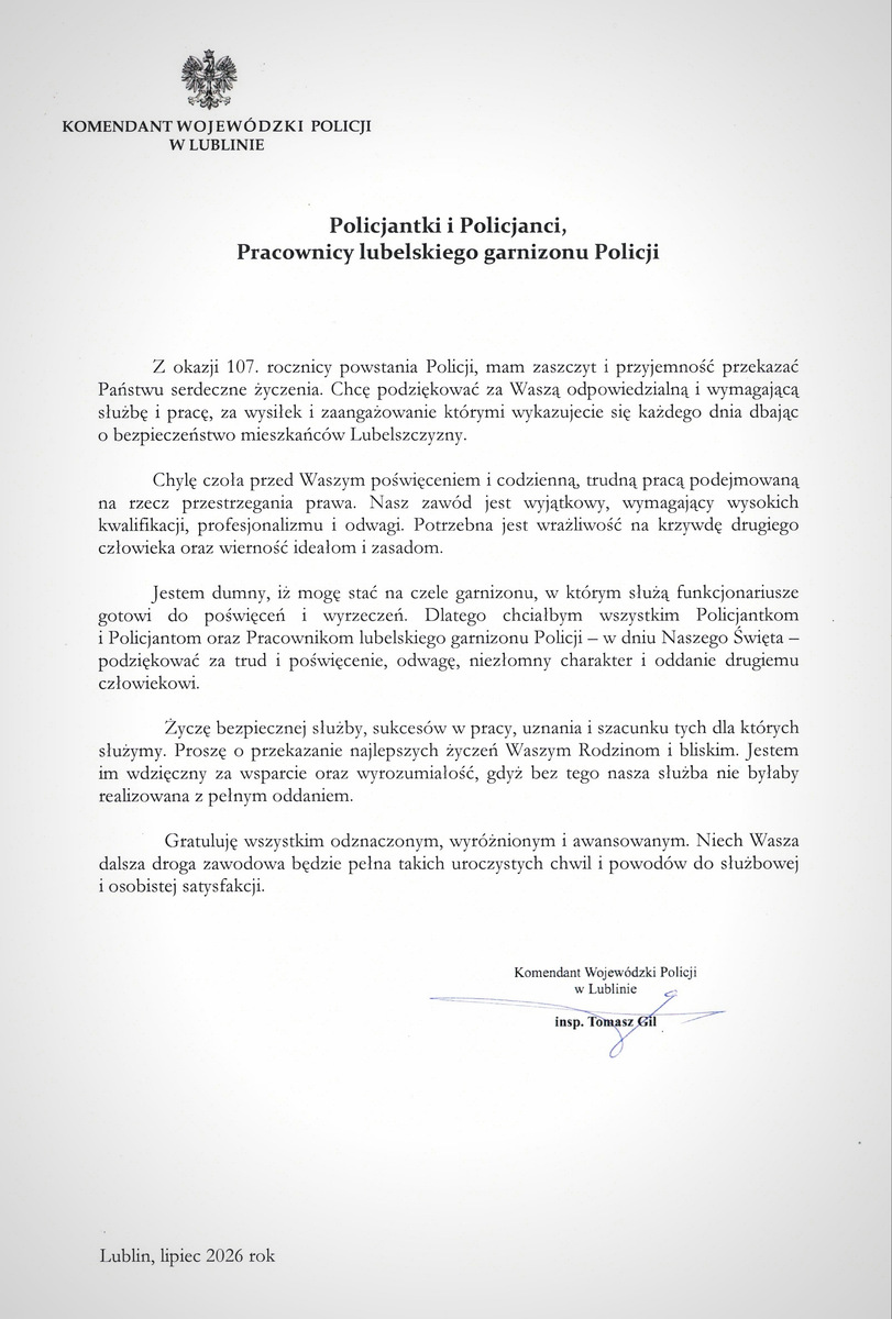 Życzenia Komendanta Wojewódzkiego Policji w Lublinie z okazji Święta Policji
