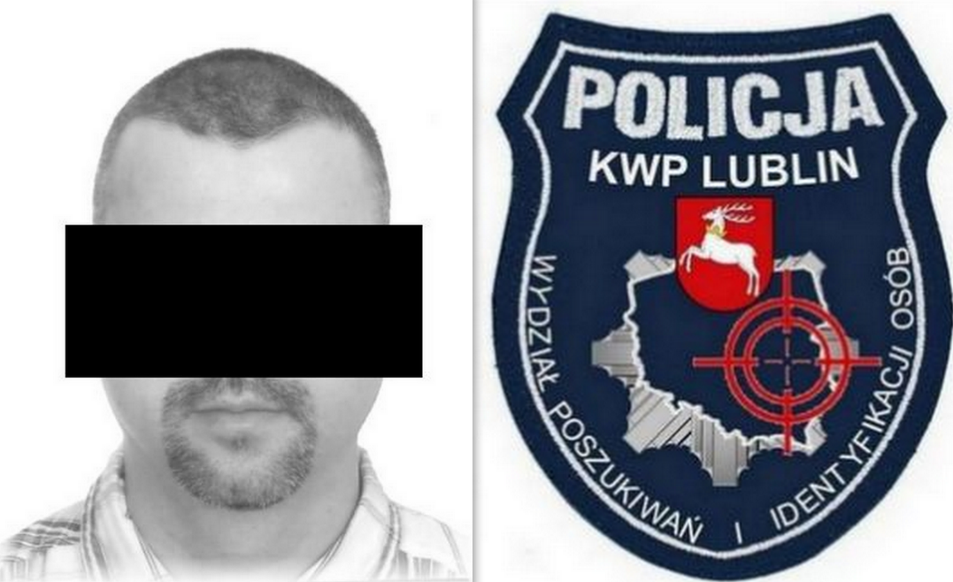 kolaż zdjęć zatrzymanego i naszywki Wydziału Poszukiwań i Identyfikacji Osób KWP w Lublinie