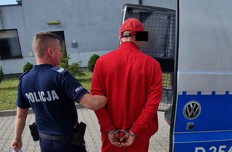 Policjant wprowadza zatrzymanego mężczyznę do radiowozu.