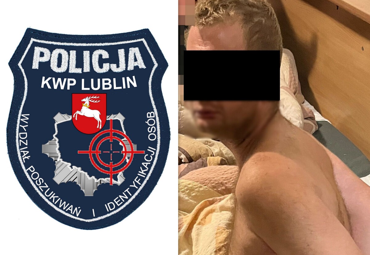 kolaż zdjęć zatrzymanego mężczyzny i naszywka Wydziału Poszukiwań i Identyfikacji Osób KWP w Lublinie