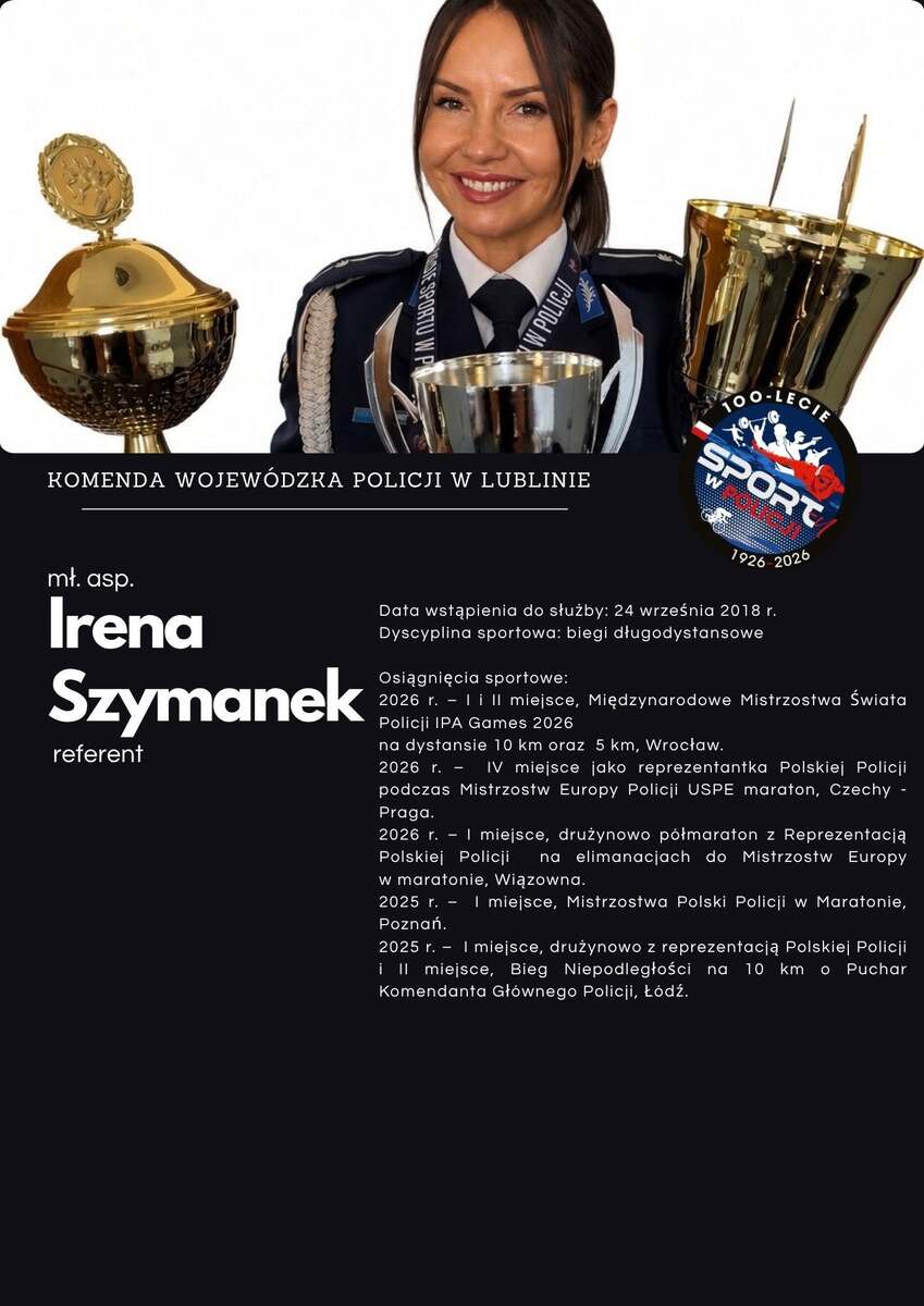 grafika przedstawiająca policjantkę oraz opis jej osiągnięć