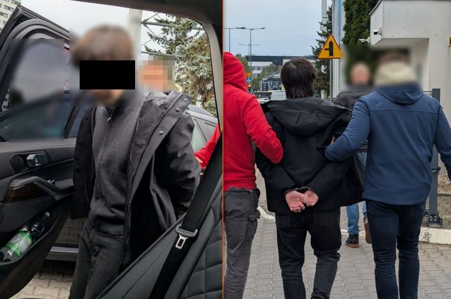 Policjanci prowadzą zatrzymanego mężczyznę.