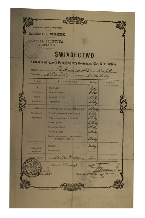   Ksero świadectwa ukończenia Szkoły Policji przy Komendzie Okręg IV w Lublinie z 1920 roku
