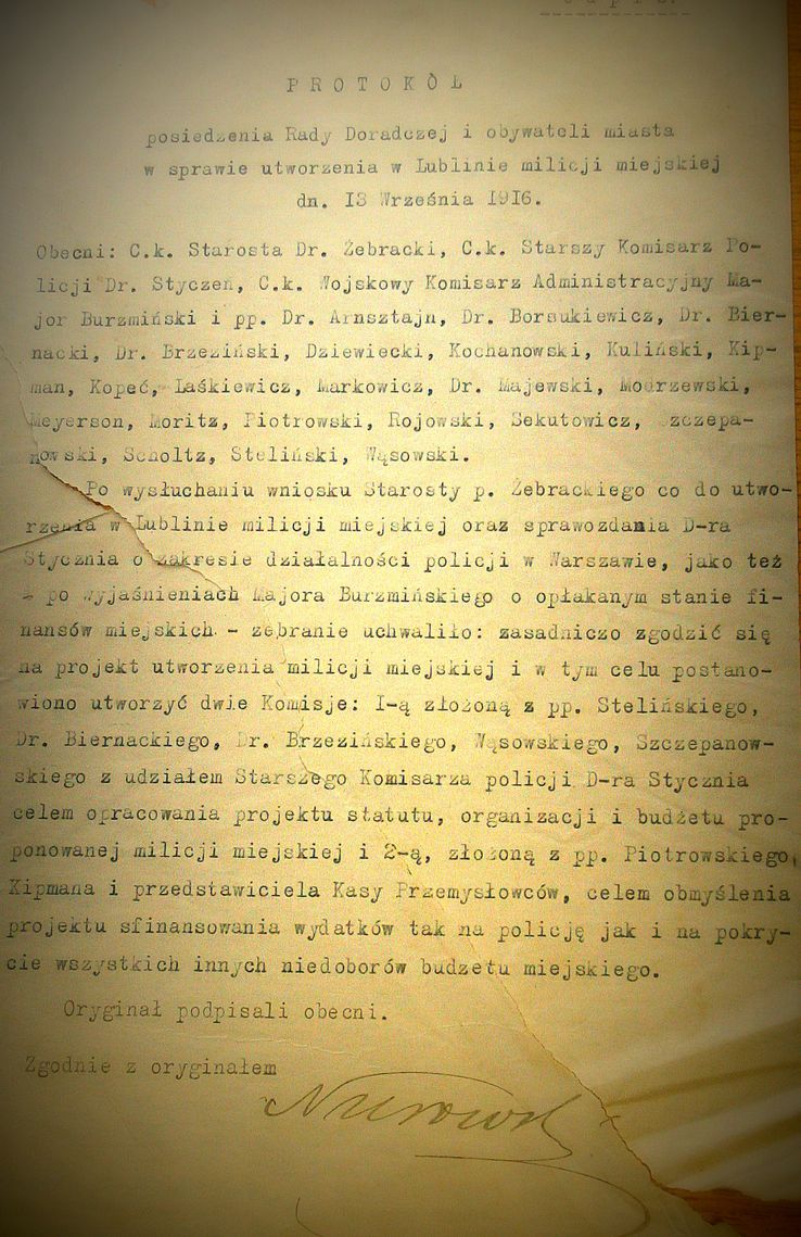 Protokól z 13 września 1916 roku w sprawie utworzenia w Lublinie milicji miejskiej.