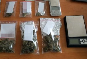 torebki z suszem marihuany i dwie wagi elektroniczne