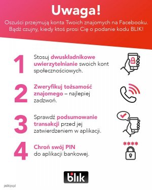 Infografika z białym napisem na czerwonym tle: Uwaga! Oszuści i nad nią cztery gwiazdki. pod spodem logo z napisem blik.