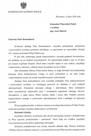 List z życzeniami i gratulacjami Komendanta Głównego Policji dla lubelskich policjantów i pracowników cywilnych.