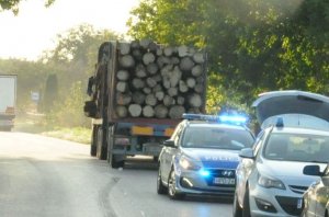 miejsce wypadku, pojazdy policyjne oraz naczepa samochodu ciężarowego z klocami drewna