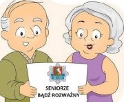 rysunek starszej kobiety i mężczyzny trzymających w rękach białą kartkę z logo lubelskiej policji oraz napisem Seniorze bądź ostrożny