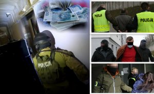 Kolaż zdjęć na którym jest policjant oraz zatrzymane osoby.