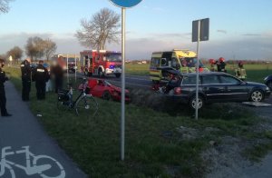 wypadek na drodze W-815, w rowie rozbite pojazdy, ratownicy , strażacy i policjanci