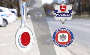 logo KGP, Państwowej Inspekcji Sanitarnej oraz znaczek koronawirusa w okręgu