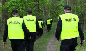 policjanci w kamizelkach podczas poszukiwań w lesie