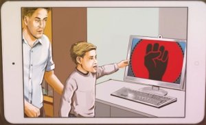 Grafika cyberprzemocy. Dziecko i rodzic przed komputerem. Na ekranie zaciśnięta pięść na czerwonym tle.
