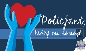 logo konkursu Policjant który mi pomógł . Czerwone serce w niebieskich dłoniach