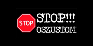 Plakat na temat akcji Stop Oszustom. Białe napisy na czarnym tle.