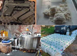 kolaż zdjęć ze zlikwidowanego laboratorium mefedronu