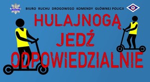 Tekst w kolorze białym „jednośladem bezpiecznie do celu” wraz z grafiką – loga „Policja” oraz „policyjna R-ka ruchu drogowego