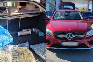 Kolaż zdjęć na których jest zatrzymany w aucie i zapakowane worki z narkotykami.