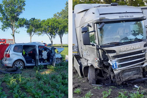 Zdjęcie przedstawia kolaż na którym widać zniszczone pojazdy. Na pierwszym zdjęciu po lewej stronie rozbite auto osobowe. Na drugim zdjęciu po prawej stronie widzimy zniszczonego tira.