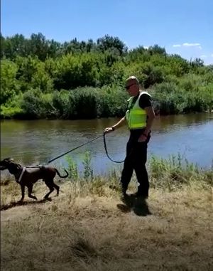 policjant z psem przy rzece