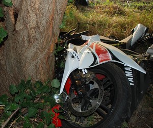 Motocykl leży koło drzewa