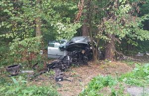 volkswagen passat po wypadku w lesie z licznymi uszkodzeniami