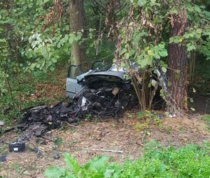 zniszczony volkswagen passat po wypadku w lesie na trasie Bełżec - Hyże