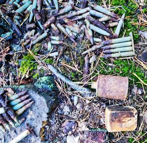 na zdjęciu skorodowana amunicja leżąca na ziemi